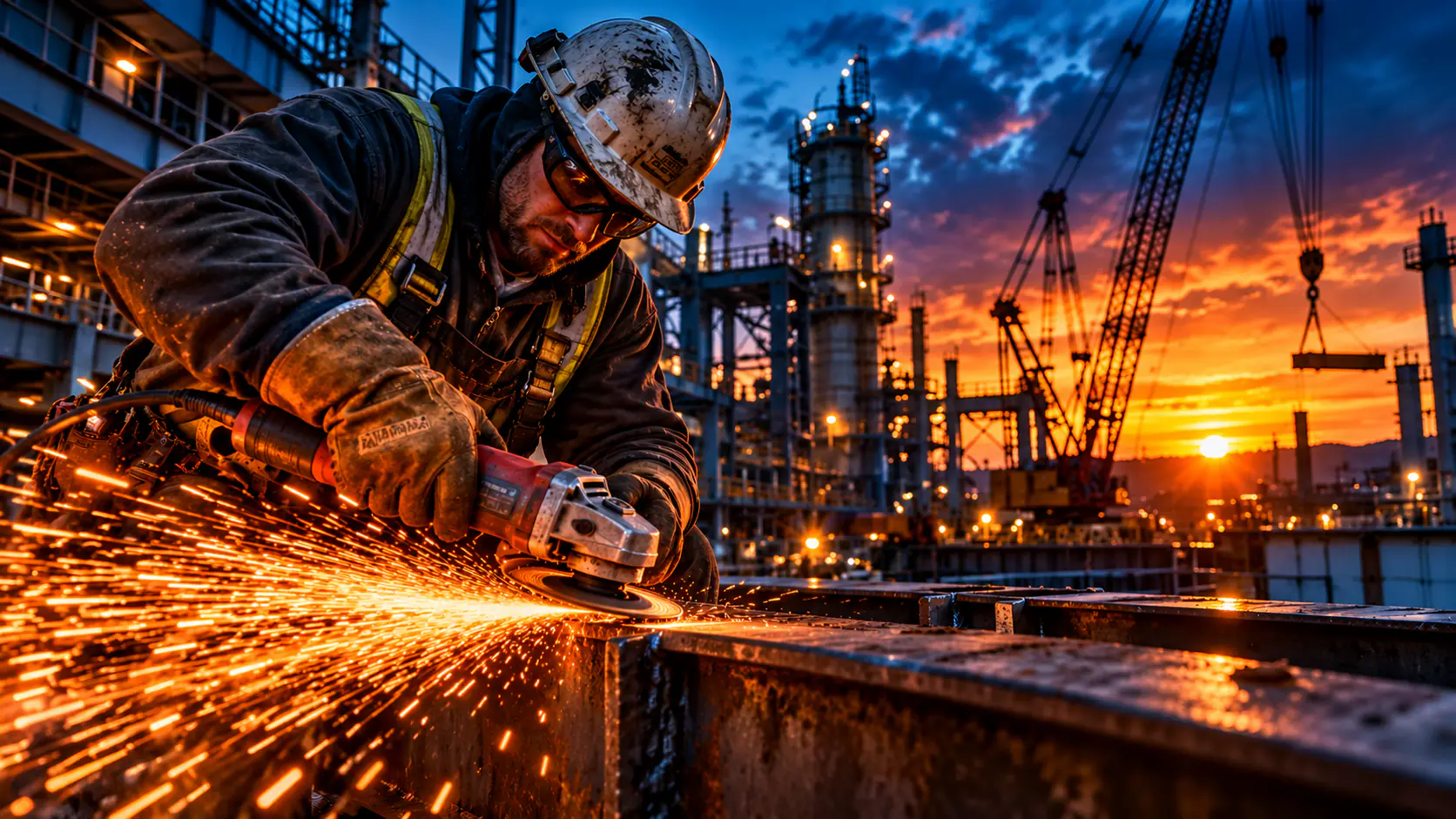A skilled tradesperson in a hard hat grinds steel as bright orange sparks fly, with cranes and an industrial site behind at sunset.